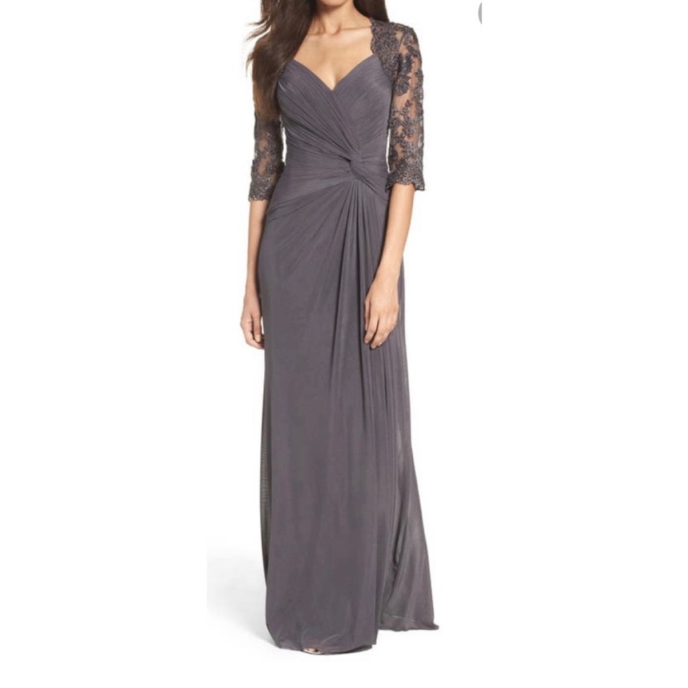 LA FEMME 30384 Ruched Twist Column Gown Size 8 Gunmetal